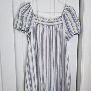 LOFT Blue & White Striped Puff‑Sleeve Shift Dress – Size M
